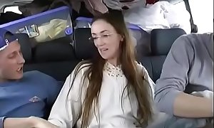 Young brunette italian babe Ginevra Hollander pisses after hard fucking in the car by two guys