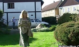 Granny rides her son-in-law penis outdoor
